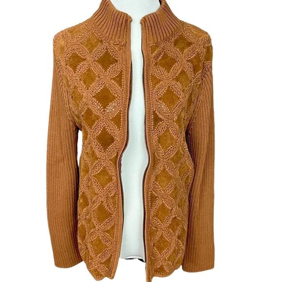 Vintage Sweaters - Vintage Y2K Lisa International Sweater Jacket Camel Suede / Crochet Knit XL